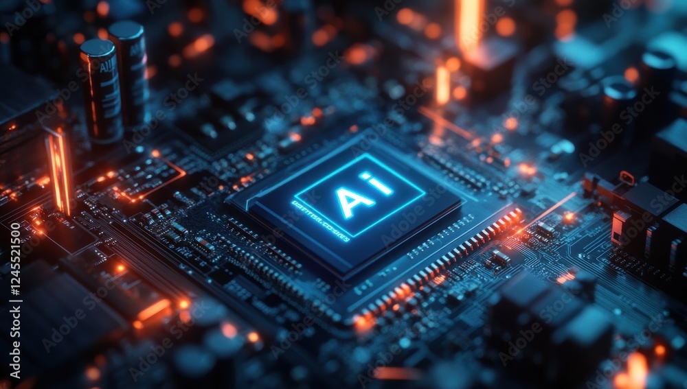 Poster futuristic ai technology concept with microchip and glowing circuitry for innovation and digital tra