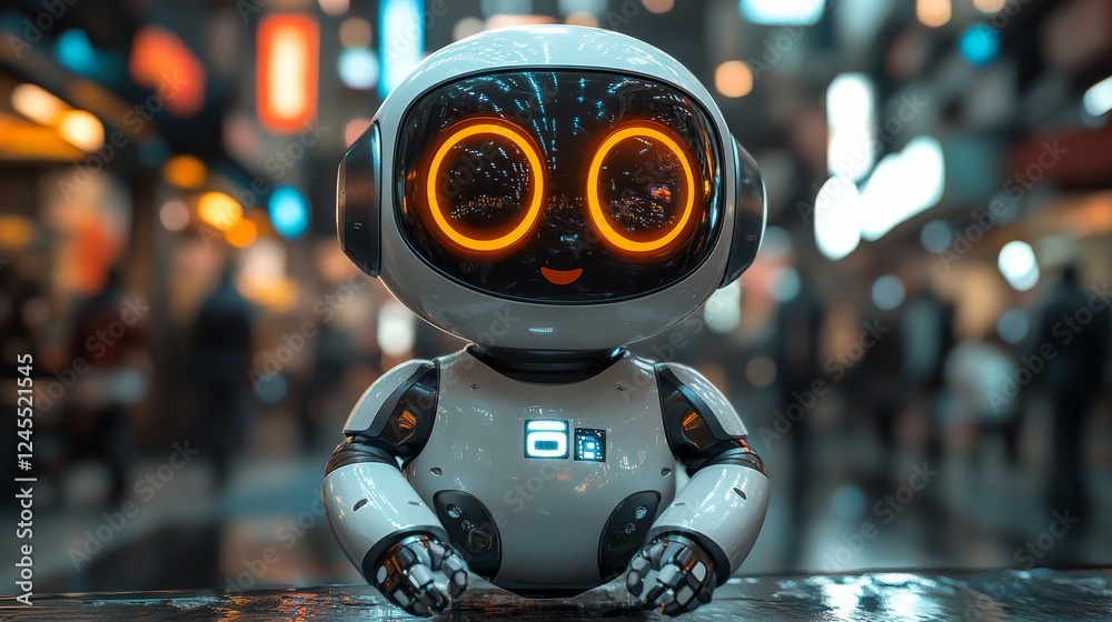 Poster a futuristic, friendly robot in a vibrant city nightscape: a glimpse into tomorrow's technology and 