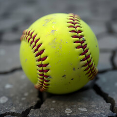 A detailed photo of a softball, showcasing its texture, red stitching, and smooth surface