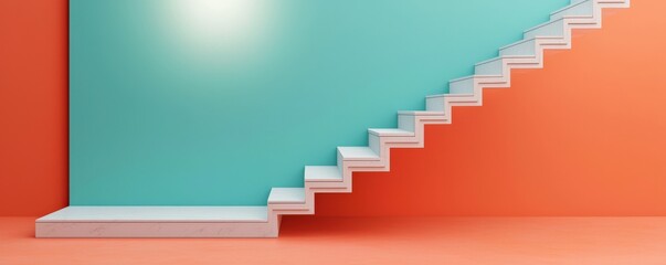 Leadership development skills goal-setting concept. Modern staircase against a vibrant orange and teal wall.