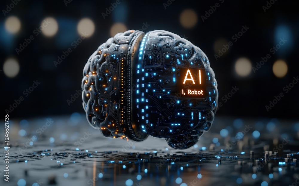 Poster futuristic artificial intelligence brain with circuitry design illuminated by soft light for technol