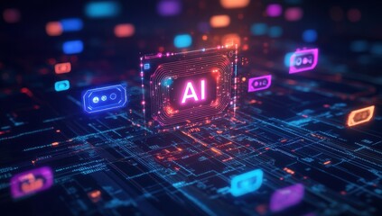 Fototapeta premium Futuristic Artificial Intelligence Concept with Colorful Symbols on a Digital Circuit Board Background, Emphasizing Technology and Innovation in AI Applications