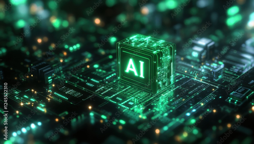 Poster futuristic artificial intelligence technology displaying circuitry and data in green neon light with