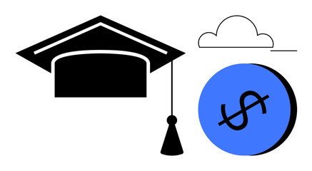 Graduation cap next to blue circle with dollar sign, above them simple cloud. Ideal for student loans, scholarships, finance education, budgeting, academic success, career investment, economic