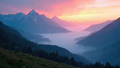 Fototapeta premium Misty dawn veils mist-shrouded mountain valley, serene, mountains