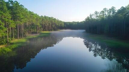 Fototapeta premium Serene lake surrounded by lush greenery, tranquil water reflecting trees, ideal for nature relaxation and mindfulness.