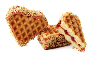 Unique heart-shaped waffles filled with fruit jam and coated in crunchy nuts on a clean background