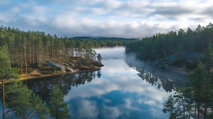 Lush landscape reflecting in serene lake, vibrant greenery with clouds above, perfect for nature themes or tranquil settings.