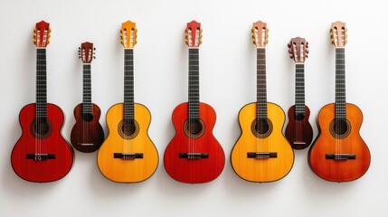 Obraz premium Seven acoustic guitars and ukuleles in a row on white background.