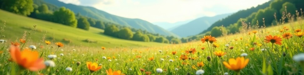 Fototapeta premium Gentle valley landscape with wildflowers in focus, soft, floral