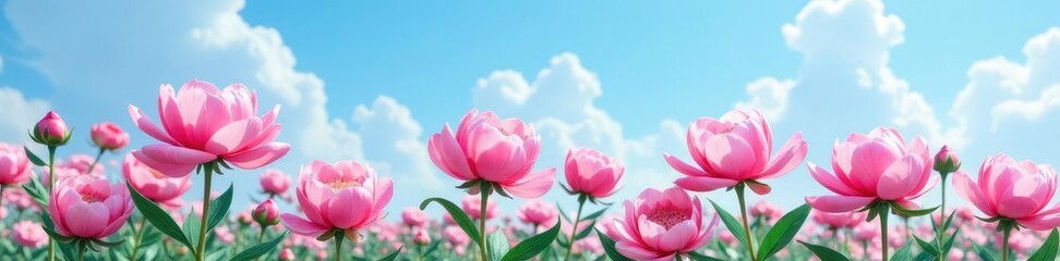 Obraz premium Gentle pink peonies unfold against a vast blue sky, blooms, blossoms