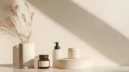 Spa composition with skin care products on light background, space for text