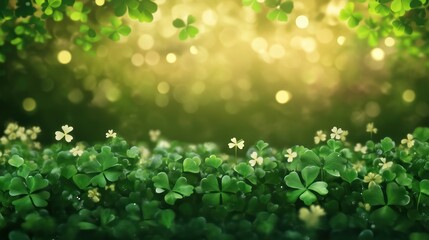 Fototapeta premium Lush green shamrocks with glowing sunlight, symbolizing luck and St. Patrick's Day celebration