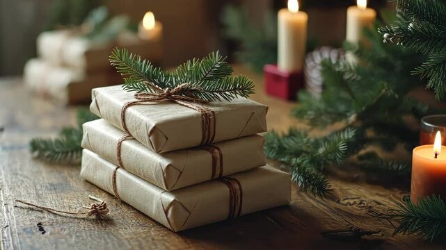 Rustic holiday gift boxes with warm candlelight and pine d�cor on wooden table
