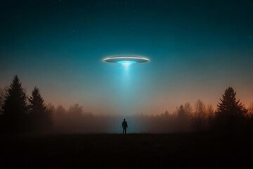 Fototapeta premium Ethereal Sci-Fi Aesthetic Solo Silhouette in Fog with UFOs Blue Luminescence - Spring Alien Abduction Day and Seasonal Night Sky for Digital Storytelling