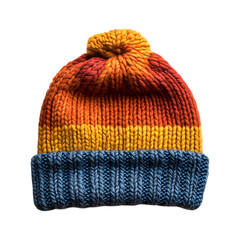 Double-Layered Knit Hat with Reversible Blue and Orange Stripe Isolated on Transparent Background