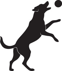 A dog silhouette vector icon, a dog playing flat black color design with a ball, isolated on a white background.
