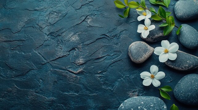 Composition with symbolic objects for spa salon. Stone therapy attributes for cosmetic procedures. Conceptual image, rocks and flowers representing balance. Close up, copy space, top view, background.
