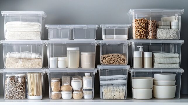 Various clear storage containers showcase an organized kitchen space filled with grains, nuts, and cooking essentials, inspiring creative meal preparation. The arrangement promotes efficiency