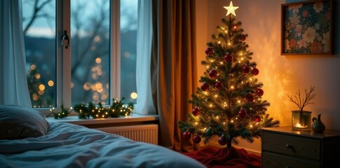 Fototapeta premium Decorated Christmas tree with lights and ornaments in a modern bedroom, Bedside Table, Garlands, Greenery