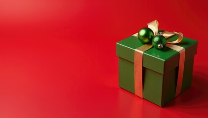 Obraz premium Decorated box with green Christmas ball on red background, gift box, season