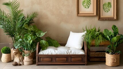 Cozy and inviting living room interior with a comfortable couch lush indoor plants in pots and vases wooden shelves and frames and a minimalist natural design aesthetic