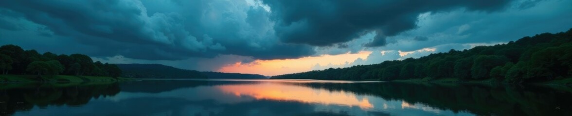 Fototapeta premium Dark stormy clouds gather over the tranquil river, ominous, reflection