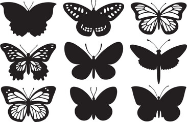 A set of butterfly silhouette vectors and illustrations. Monarch butterfly flat black color silhouette on a white background.
