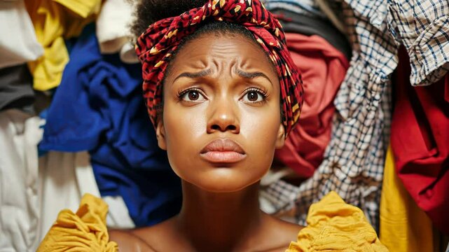 Confused woman amidst colorful laundry pile looks up in wonderment