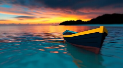 Fototapeta premium A serene sunset view over calm waters featuring a colorful boat floating peacefully