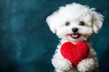 Ad depiction. Cute bichon frise canine with fluffy red heart - sign of love, funny greeting card. Bichon frise - my preferred dog. Love dogs valentine's moments. Romantic dog valentines.