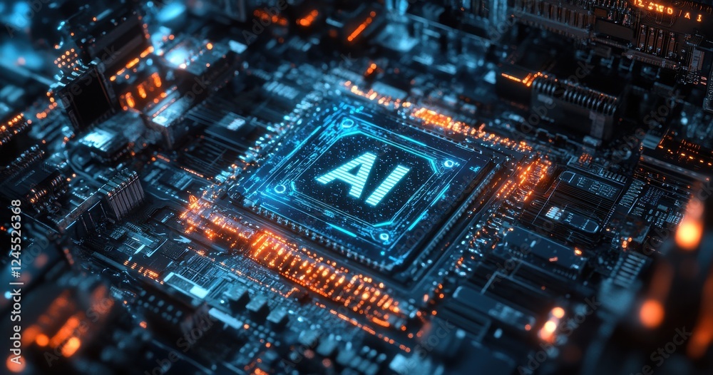 Poster futuristic close-up of a high-tech microprocessor with ai symbol surrounded by complex circuitry and