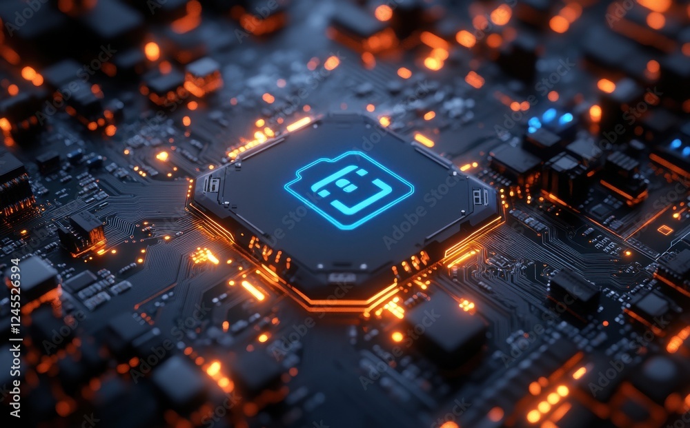 Poster futuristic close-up of a microprocessor with glowing circuitry and neon design in a high-tech digita