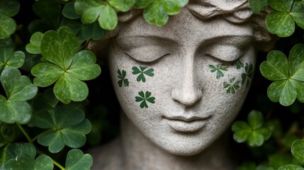 Obraz premium Celtic-Inspired St. Patricks Day Sculpture Shamrock-Styled Goddess Face in Textured Stone for Spring Decor and Retail Display Design