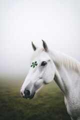 Fototapeta premium Whimsical St. Patricks Day Elegant White Horse with Shamrock Patterns in Foggy Meadow - Spring Decor and Festive Marketing for Seasonal Event Planning