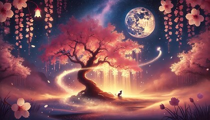Naklejka premium A serene, painting-like depiction of a nighttime spring scene featuring a majestic cherry blossom tree illuminated by a golden-pink moonlit sky