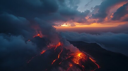 Fototapeta premium Molten lava flowing down volcanic landscape, dramatic orange glow against dark clouds, captures nature's raw power and beauty.