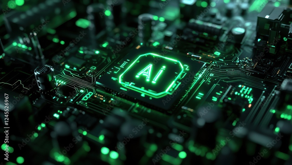 Poster futuristic computer circuit board with green lights displaying ai chip and microprocessor technology