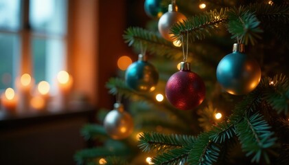 a tree adorned with colorful ornaments in soft candlelight, warm glow, garland, inviting