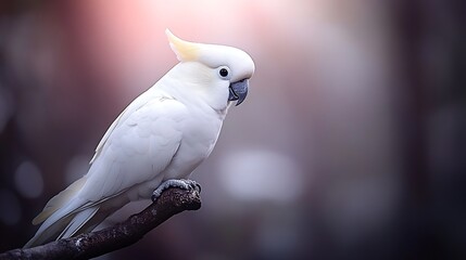 Fototapeta premium A serene white cockatoo perched on a branch amidst a softly blurred forest background