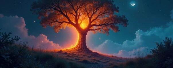 Obraz premium A swirling vortex surrounds a glowing tree with an eerie light, mystical, eerie glow