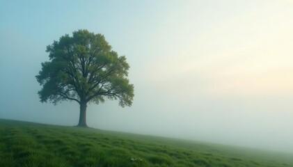 Fototapeta premium A thick layer of fog wraps around a solitary tree, natural scenery, peaceful, isolated