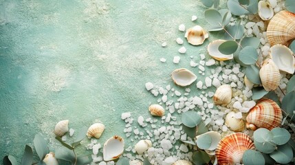 Obraz na płótnie Canvas Sea mineral cosmetic products. Skin care, body treatment products, eucalyptus leaves, sea salt and shells on green background, top view, copy space. Spa and natural skin care concept.