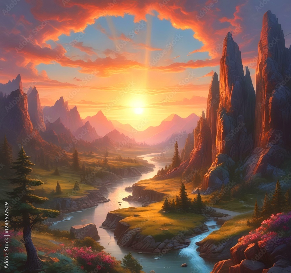 Wall mural Illustration of fantasy scenic landscape.