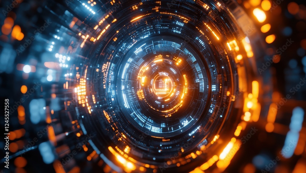 Poster futuristic data tunnel with glowing orange and blue lights in a circular pattern representing digita
