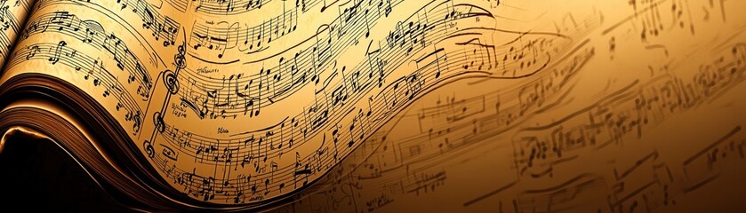 Obraz premium Sheet music pages curl, revealing musical notes; vintage background