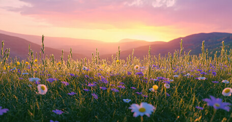 Naklejka premium Lush wildflowers in a meadow at sunset, mountain backdrop 