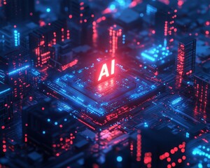 Obraz premium Futuristic depiction of artificial intelligence technology within a digital cityscape featuring glowing circuits and vibrant neon colors