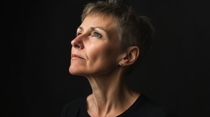 Obraz premium Psychological portrait against black backdrop, woman showing signs of emotional pain, muted colors, minimalist composition, dramatic side lighting, expressive face partially covered