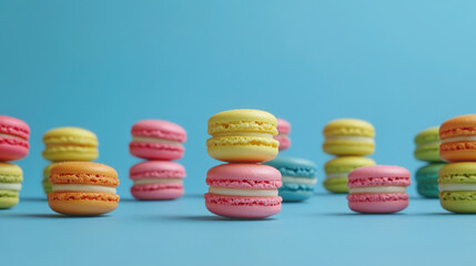 Colorful macarons arranged on blue background, showcasing vibrant hues and delightful textures. These sweet treats evoke joy and celebration